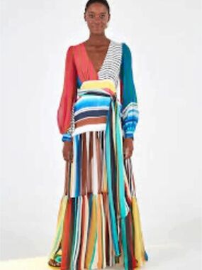 Farm Rio Thalita Mixed Stripes Maxi Dress Multicolor SZ L